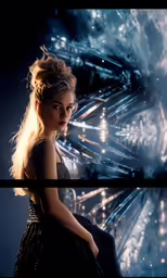 the girl has beautiful blonde hair and dark dress