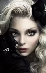 the woman is dressed in black with white curls and a skull