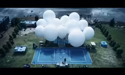 a table tennis court with white balloons floating above it