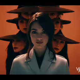 an advertisement featuring a woman with several hats on her head