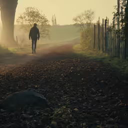 man walking down rural path at dawn on a foggy day