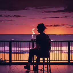 the woman is sitting down watching the sunset,a woman sits alone on a balcony with her arms wide open, watching the sunset