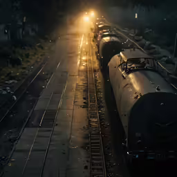 train cars on tracks with light coming out at night