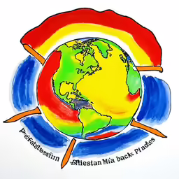 a drawing of the earth with rainbow rays on top