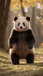 a bear standing in the middle of a forest with its paws on his legs