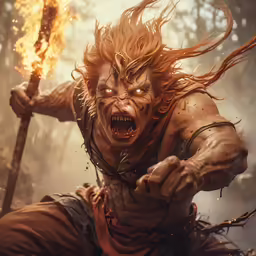 a person with a sword in a woods