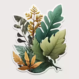 a green leaf, a red, yellow and green plant and some branches