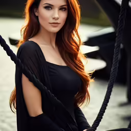 a woman wearing black with a rope on the side