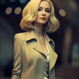a woman with blond hair is dressed in a tan jacket