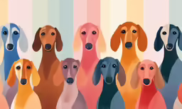 a group of dogs sitting in front of striped background