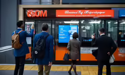 three people waiting at an atm near a building
