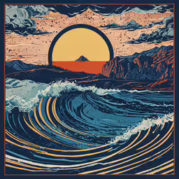 an image of a sunset over the ocean,a painting of the sun and sea with waves