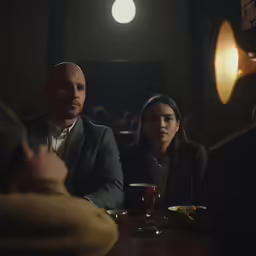 a man and a woman sitting at a table talking