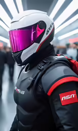 the back side of a man wearing a white helmet