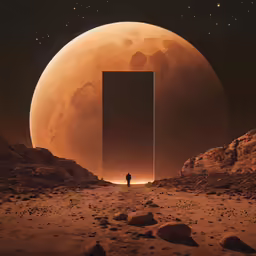 the man is walking into a big, huge doorway