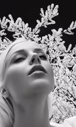 the woman is looking up while wearing some hair and makeup
