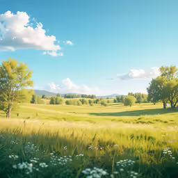 the field is grassy and has two trees