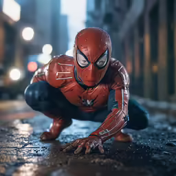 the action figure spider - man is crouched down on a street
