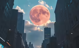 a full pink moon rising above some skyscrapers in the city
