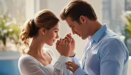the young woman is whispering on her forehead and the man is adjusting his tie