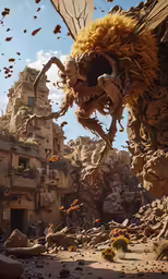 an animated scene depicting the city, with flying bats and a winged creature