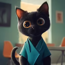 a black cat wearing a shirt and big eyes