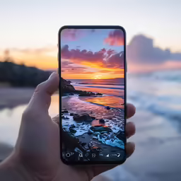 someone holding up an iphone in the air with the sun set on the beach in the background