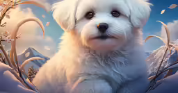 a little white dog sitting in front of some branches