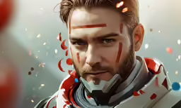 a man with the red paint on his face is wearing a scarf