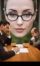 a woman with glasses on with two people sitting at a table