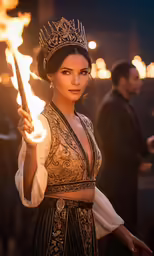 a woman holding torches in her hand
