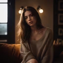 a woman sitting on a couch wearing a sweater