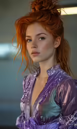 a woman with long red hair wearing an purple dress