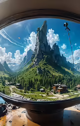 a fisheye lens view of a mountain with houses on it