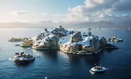several small boats in the ocean near snow covered rocks
