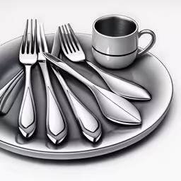 fork, knife, and mug sit on the plate next to each other