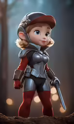 the cartoon character she is in red with a metal helmet and helmet on