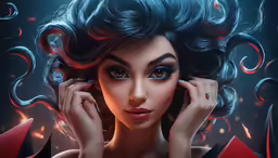 a woman wearing red, blue and black makeup