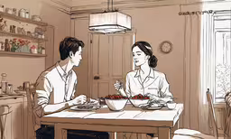 a couple sitting at a table eating a meal,a man and woman sitting at a table with food