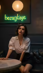 the woman is seated at a small table in the bar