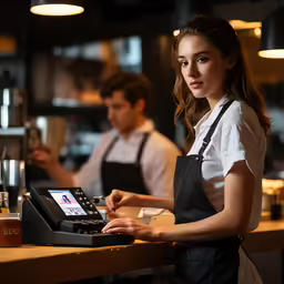 the waitress is operating her laptop computer