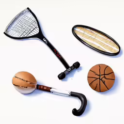 an assortment of tennis racquets, an egg and other items
