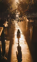 there is a small child walking down the road