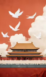 two people sitting at a table while birds fly over