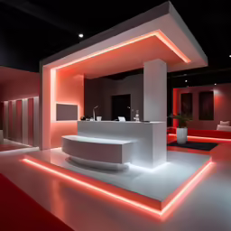 a large counter is in a room with some lights