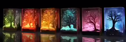an array of different colored glass boxes that have different trees,the different colors of an item in a display case