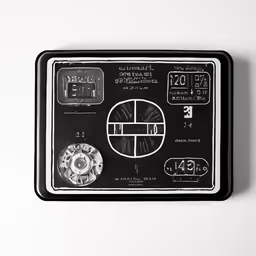 a metal plaque has various types of dials on it