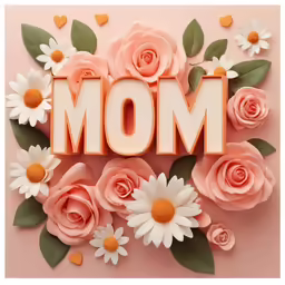 an ornate, floraled paper sign with the word mom spelled in cutout letters