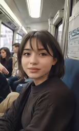 the girl is on the train smiling for a picture