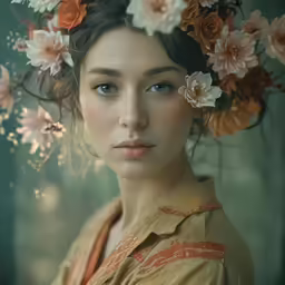 a woman with large flowers in her hair